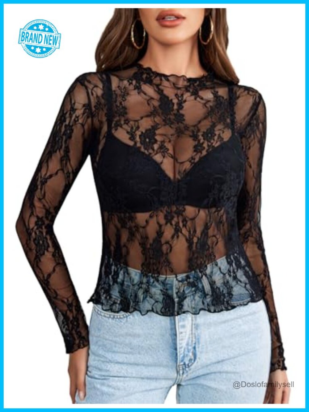 Mesh Top Long Sleeve Mock Neck Sheer See Through Floral Lace Blouse